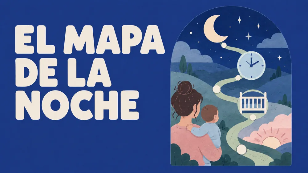 Portada del bonus «El mapa de la noche»: una madre con su bebé mira un camino que va de la luna al amanecer.