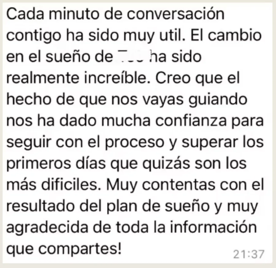 Mensaje de una madre: «el cambio en el sueño ha sido realmente increíble. Muy contentas con el resultado del plan de sueño».