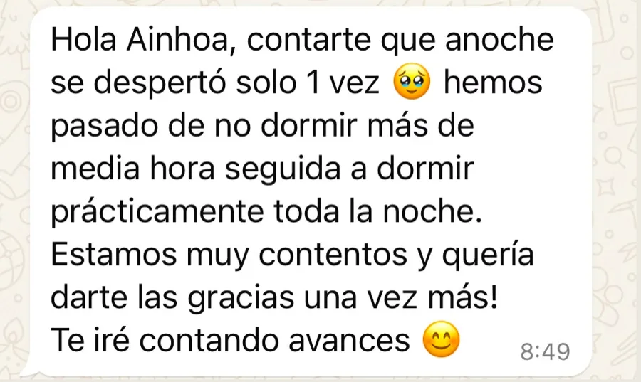 Mensaje de una madre: «anoche se despertó solo 1 vez, hemos pasado de no dormir más de media hora seguida a dormir prácticamente toda la noche».