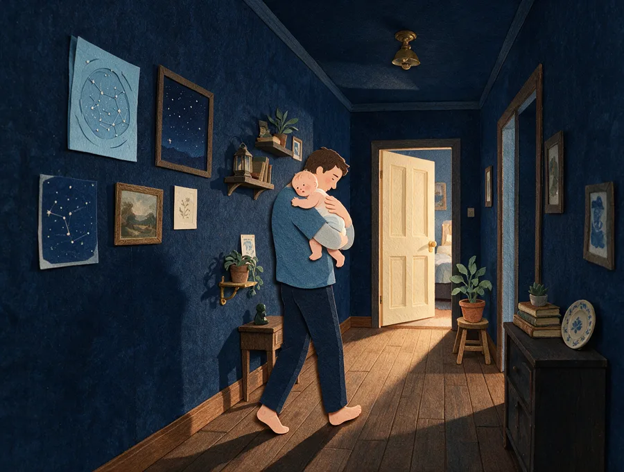 Ilustración: un padre pasea por el pasillo de noche con el bebé en brazos, hacia una puerta con luz.