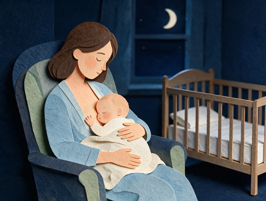 Ilustración: una madre en un sillón, de noche, con su bebé dormido al pecho y la cuna vacía al fondo.