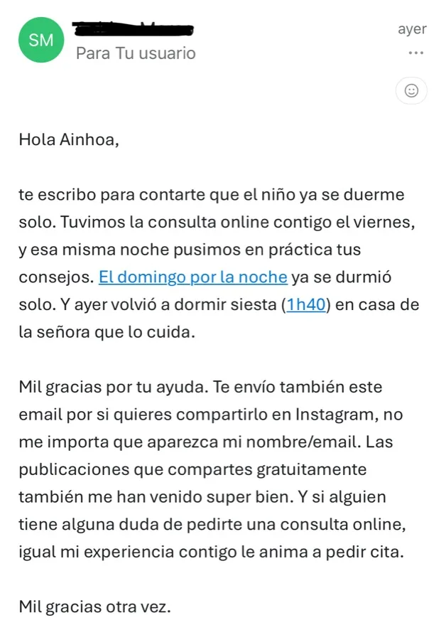 Correo de una madre: «te escribo para contarte que el niño ya se duerme solo. El domingo por la noche ya se durmió solo. Y ayer volvió a dormir siesta de 1h40 en casa de la señora que lo cuida».